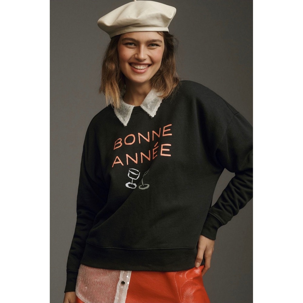 Anthropologie Phtalo Ruth for Maeve Bonne Année Varsity Crew Pullover‎ Size XXS